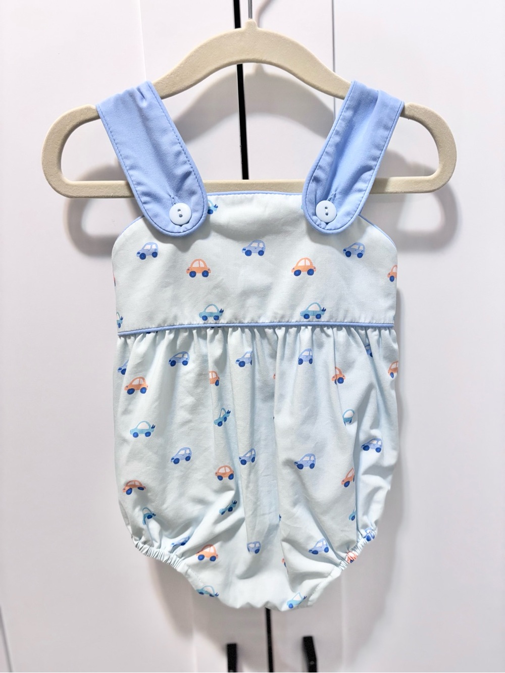 James & Lottie Baby Blue Car Print Bubble Romper